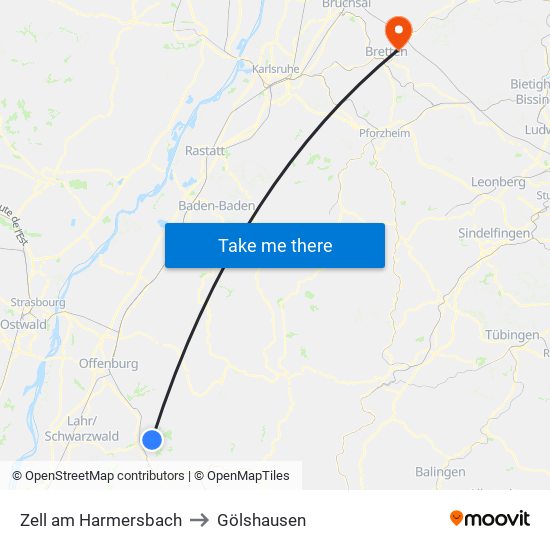 Zell am Harmersbach to Gölshausen map