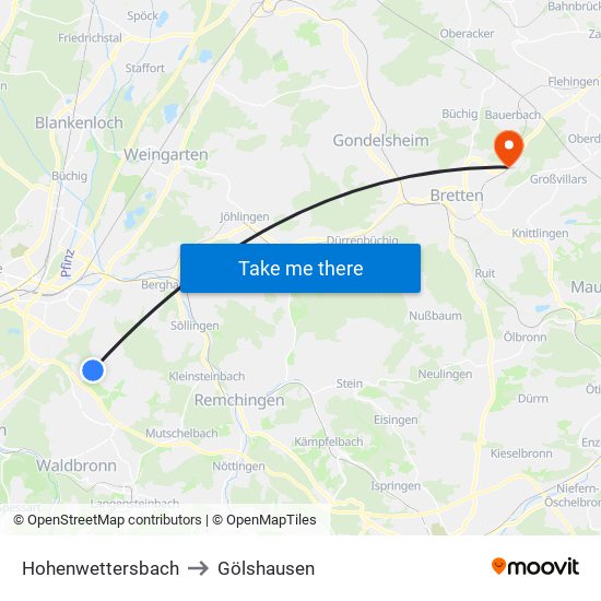 Hohenwettersbach to Gölshausen map