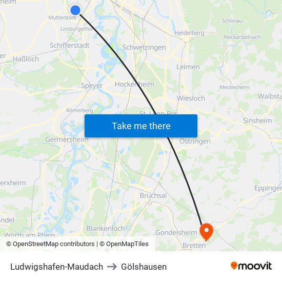 Ludwigshafen-Maudach to Gölshausen map