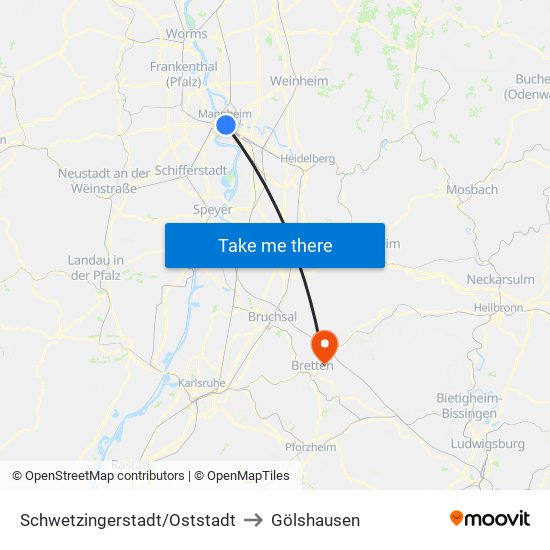 Schwetzingerstadt/Oststadt to Gölshausen map