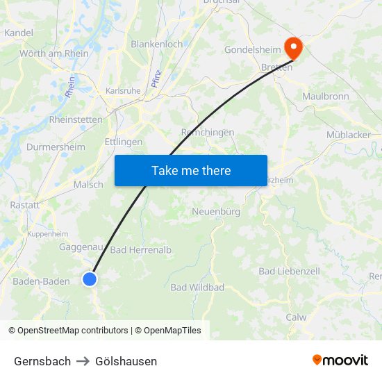 Gernsbach to Gölshausen map