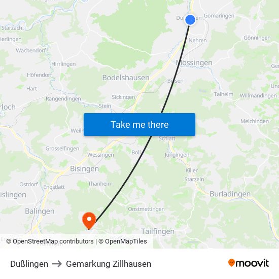 Dußlingen to Gemarkung Zillhausen map