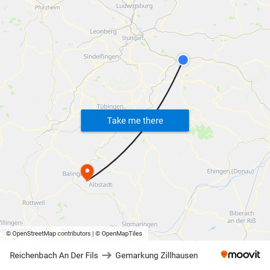 Reichenbach An Der Fils to Gemarkung Zillhausen map