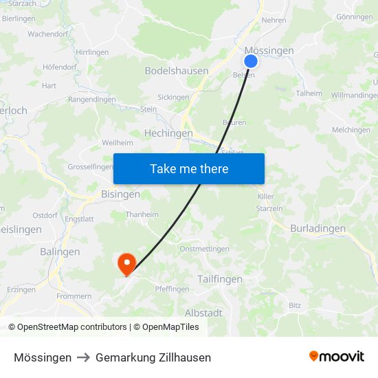 Mössingen to Gemarkung Zillhausen map