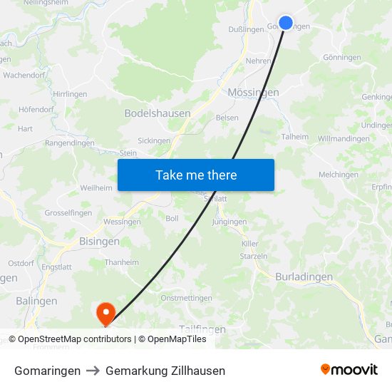 Gomaringen to Gemarkung Zillhausen map