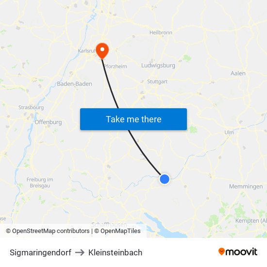 Sigmaringendorf to Kleinsteinbach map