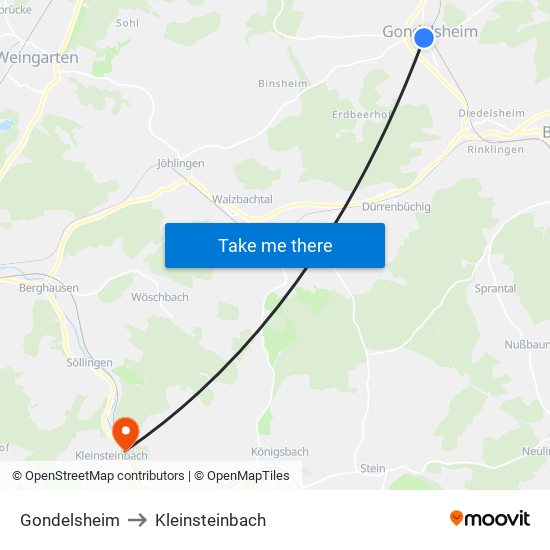 Gondelsheim to Kleinsteinbach map