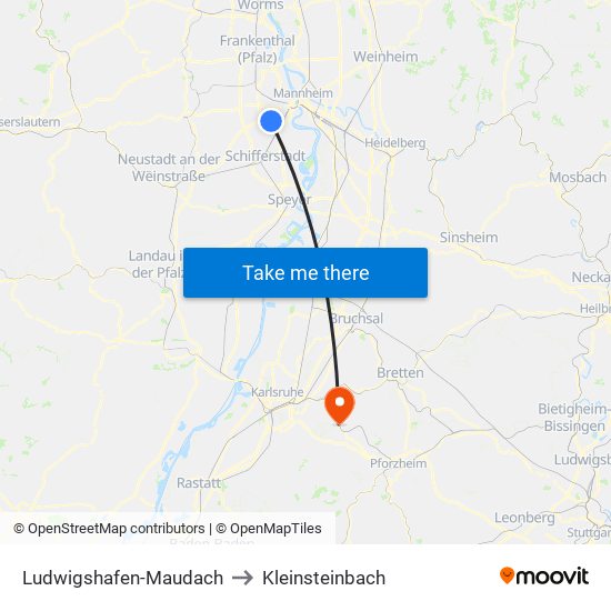 Ludwigshafen-Maudach to Kleinsteinbach map