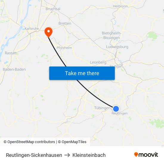 Reutlingen-Sickenhausen to Kleinsteinbach map