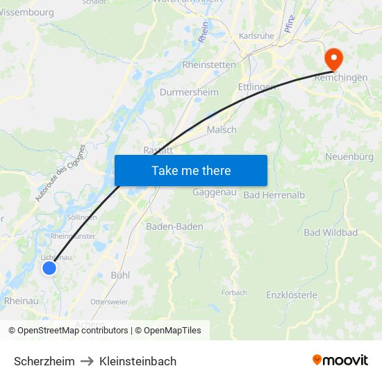 Scherzheim to Kleinsteinbach map