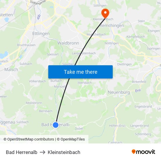 Bad Herrenalb to Kleinsteinbach map