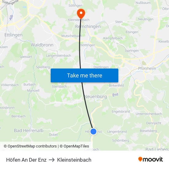 Höfen An Der Enz to Kleinsteinbach map