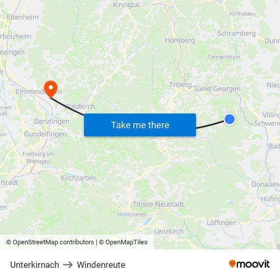 Unterkirnach to Windenreute map