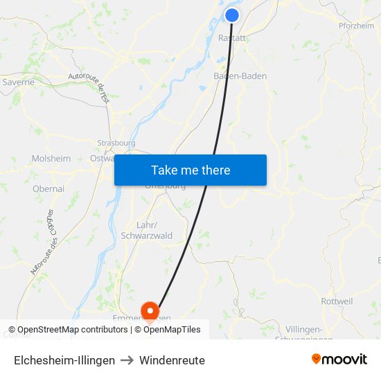 Elchesheim-Illingen to Windenreute map