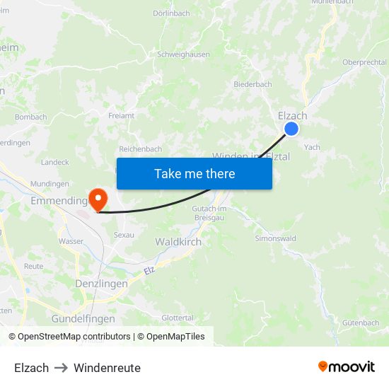 Elzach to Windenreute map