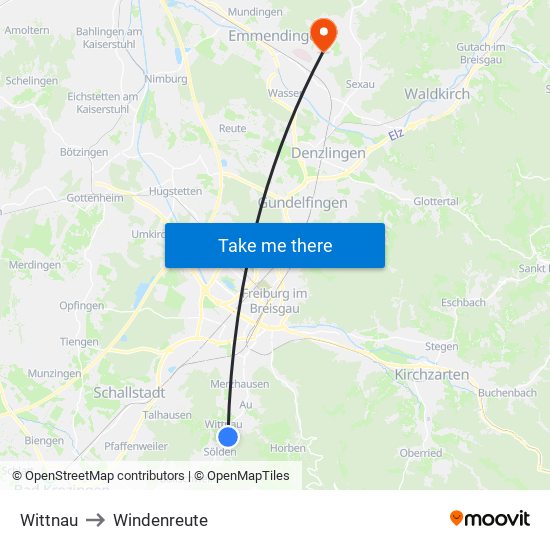 Wittnau to Windenreute map