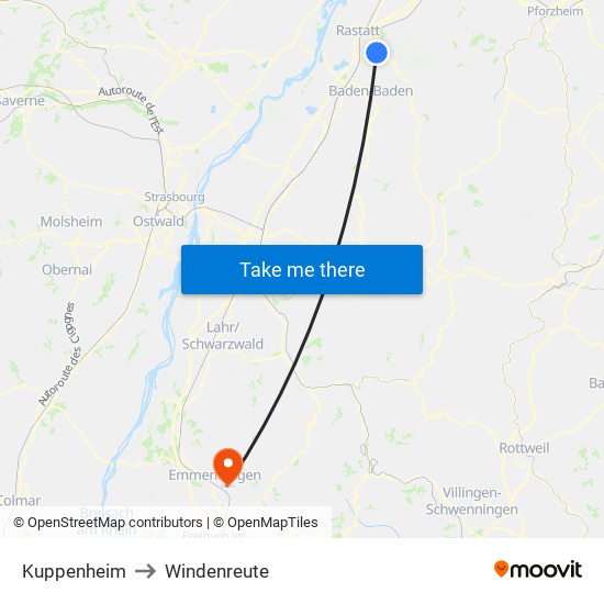 Kuppenheim to Windenreute map