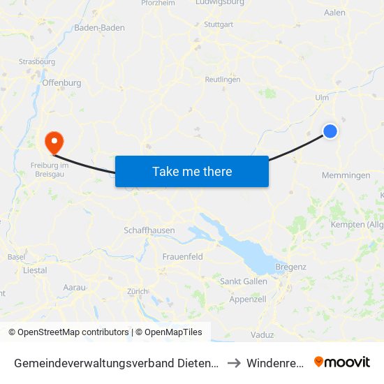 Gemeindeverwaltungsverband Dietenheim to Windenreute map