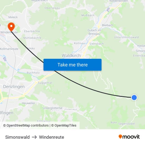 Simonswald to Windenreute map