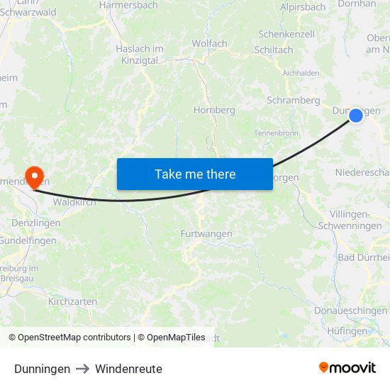 Dunningen to Windenreute map