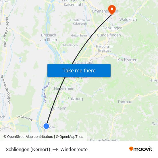 Schliengen (Kernort) to Windenreute map