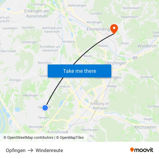 Opfingen to Windenreute map