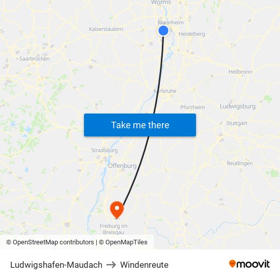 Ludwigshafen-Maudach to Windenreute map