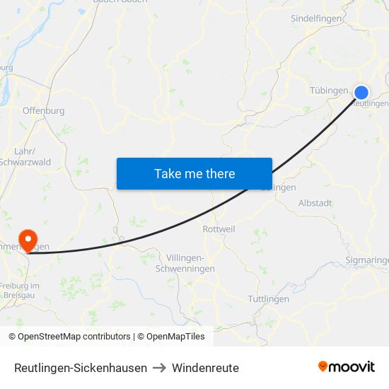 Reutlingen-Sickenhausen to Windenreute map