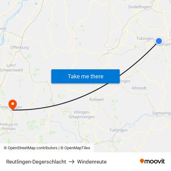 Reutlingen-Degerschlacht to Windenreute map
