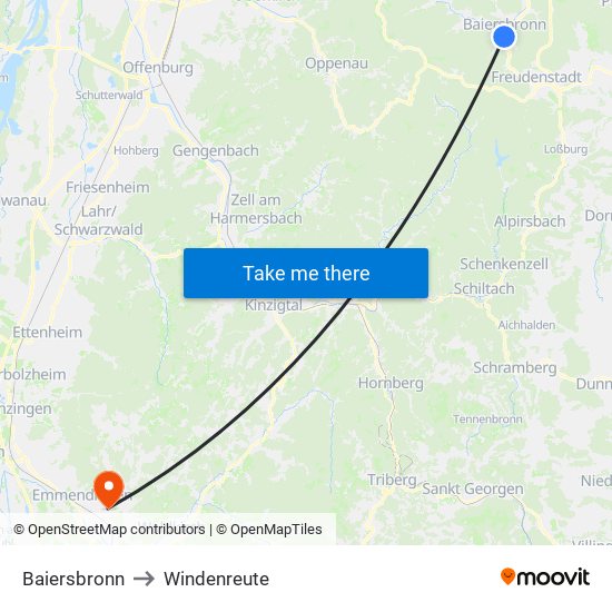 Baiersbronn to Windenreute map