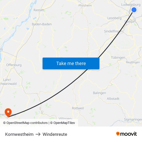 Kornwestheim to Windenreute map