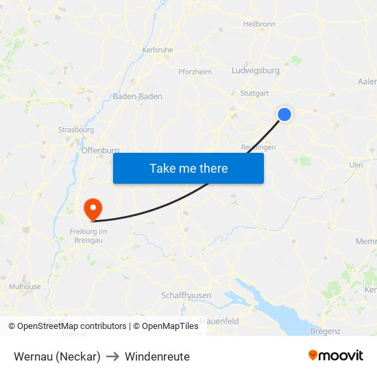 Wernau (Neckar) to Windenreute map