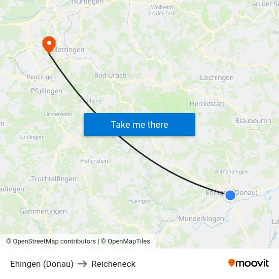 Ehingen (Donau) to Reicheneck map