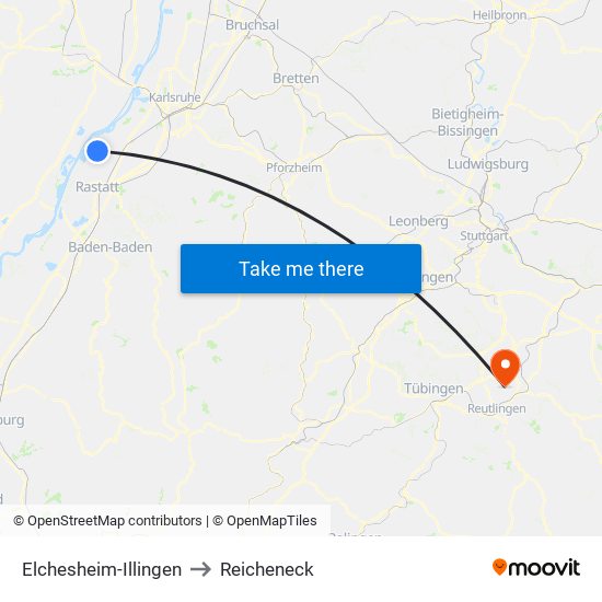 Elchesheim-Illingen to Reicheneck map