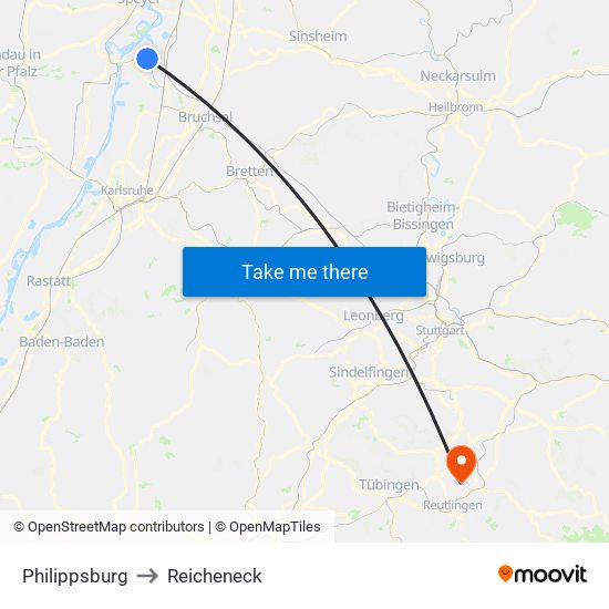 Philippsburg to Reicheneck map