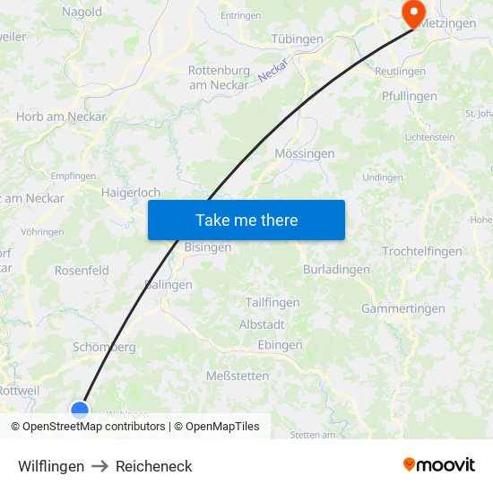 Wilflingen to Reicheneck map