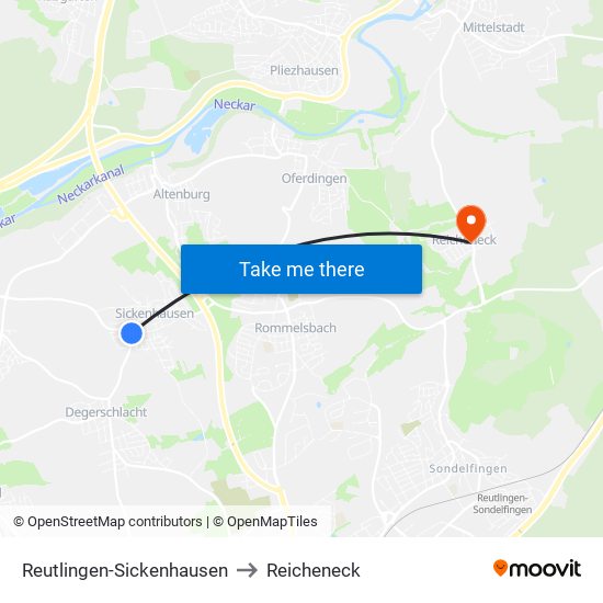 Reutlingen-Sickenhausen to Reicheneck map