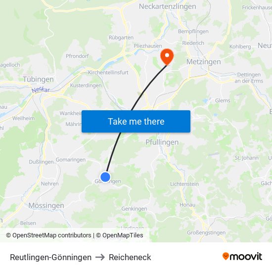 Reutlingen-Gönningen to Reicheneck map