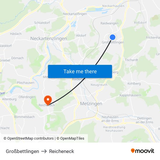 Großbettlingen to Reicheneck map