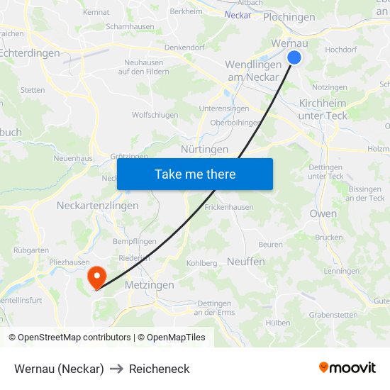 Wernau (Neckar) to Reicheneck map