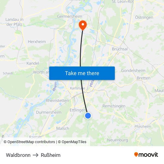 Waldbronn to Rußheim map