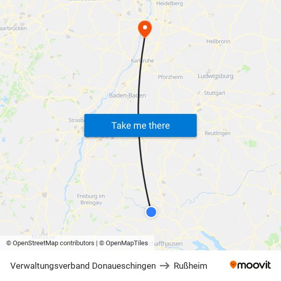 Verwaltungsverband Donaueschingen to Rußheim map