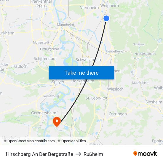 Hirschberg An Der Bergstraße to Rußheim map