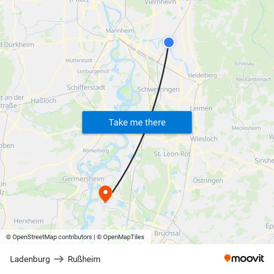 Ladenburg to Rußheim map