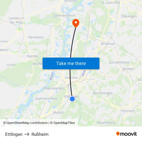 Ettlingen to Rußheim map