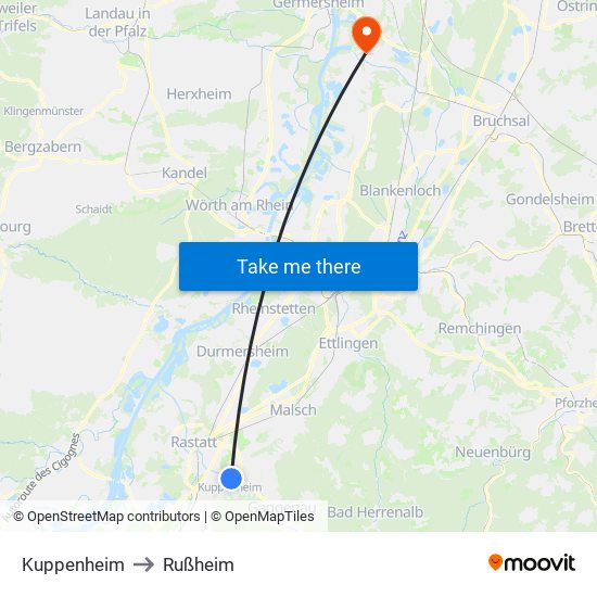 Kuppenheim to Rußheim map