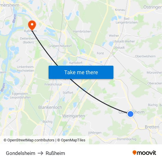 Gondelsheim to Rußheim map