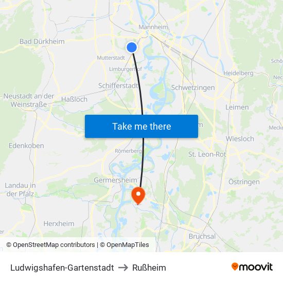 Ludwigshafen-Gartenstadt to Rußheim map