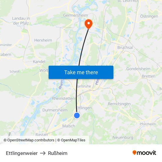 Ettlingenweier to Rußheim map