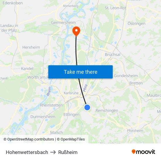 Hohenwettersbach to Rußheim map